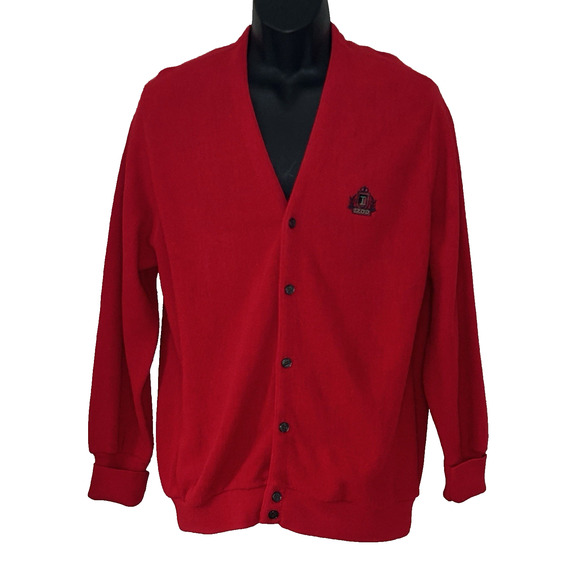 Vtg Izod Cardigan Sweater Unisex L Red Acrylic USA Crest Buttons Grandpa Preppy - Picture 1 of 5